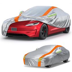 Blshwez Car Cover For Tesla Model 3 2017-2026, Multi-Layer Automobiles Covers Waterproof All Weather With Zipper Door, Sun Rain Snow Dust Protection