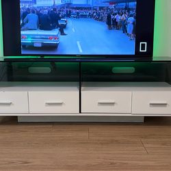 White & Glass TV Stand with 4 Drawers