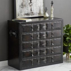 Like New! Black / Brown Faux Leather & Wood Vintage Style 5-Drawer Dresser Chest