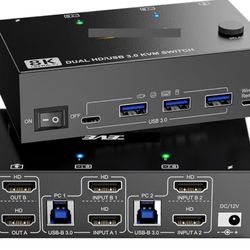 Dual Monitor KVM Switch 8K@60Hz 4K@120Hz, HDMI 2.1 KVM Switch for 2 Computer Share 2 Monitors and 3 USB3.0 + 1 USB C Devices(US Power Plug)