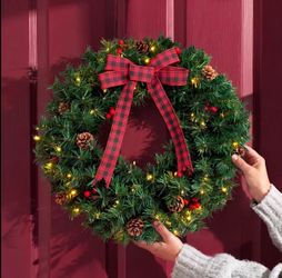 12” Pre-Lit Artificial Spruce Christmas Wreath, Home Festive Decor for Wall, Window, Indoor Outdoor Winter Holiday Use,home decor