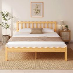 BRAND NEW-UNUSED-UNOPENED 14 Inch King Bamboo Bed Frame with Wave-Design Headboard, Wood Platform Bed with Reinforced Metal Slats, Mattress Slide Stop