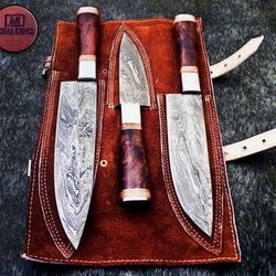 3 Pcs Handmade Damascus Steel Chef Knives Set Comes With Leather Covering 