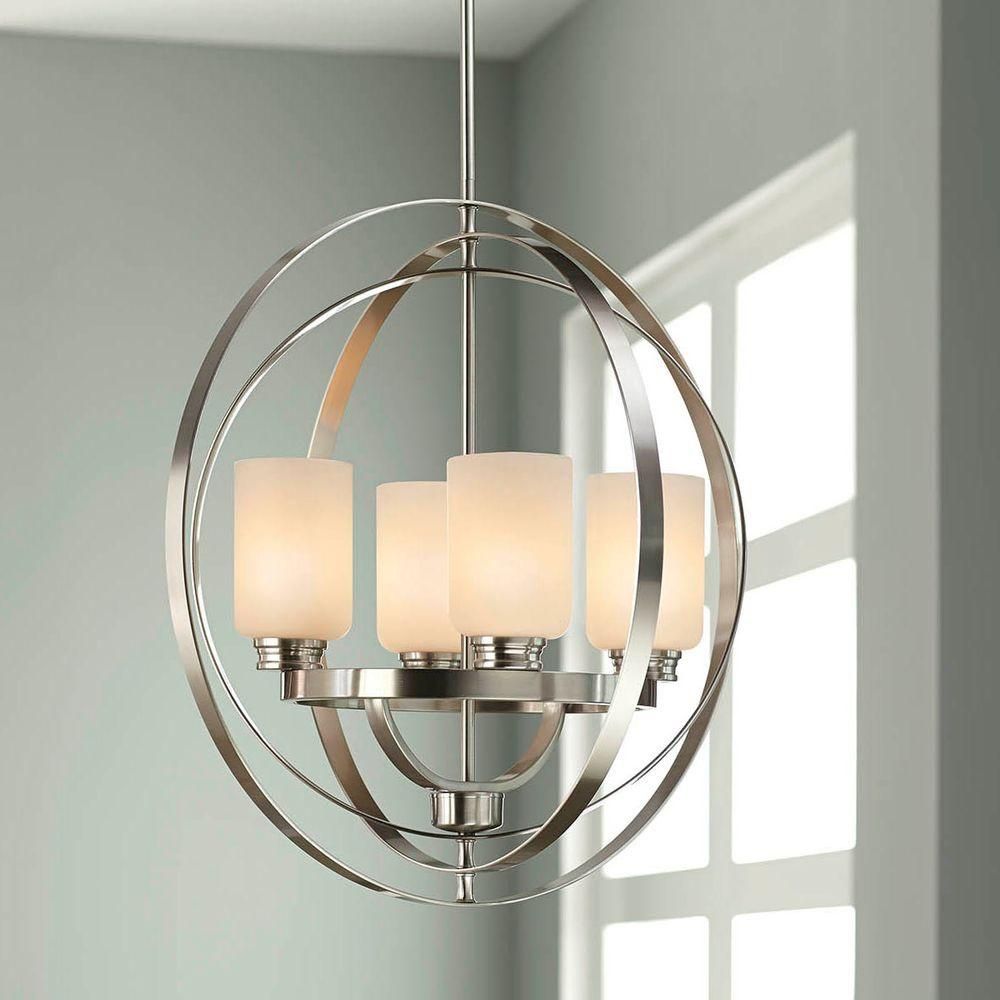 Home Decorators Collection 24 in. 4-Light Brushed Nickel Chandelier with Etched White Glass Shades