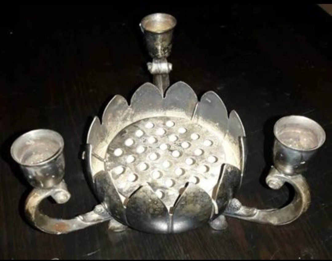 Leonard Silver Plate Triple Cup Candle Holder w/ Lotus Petal Flower Bowl & Frog