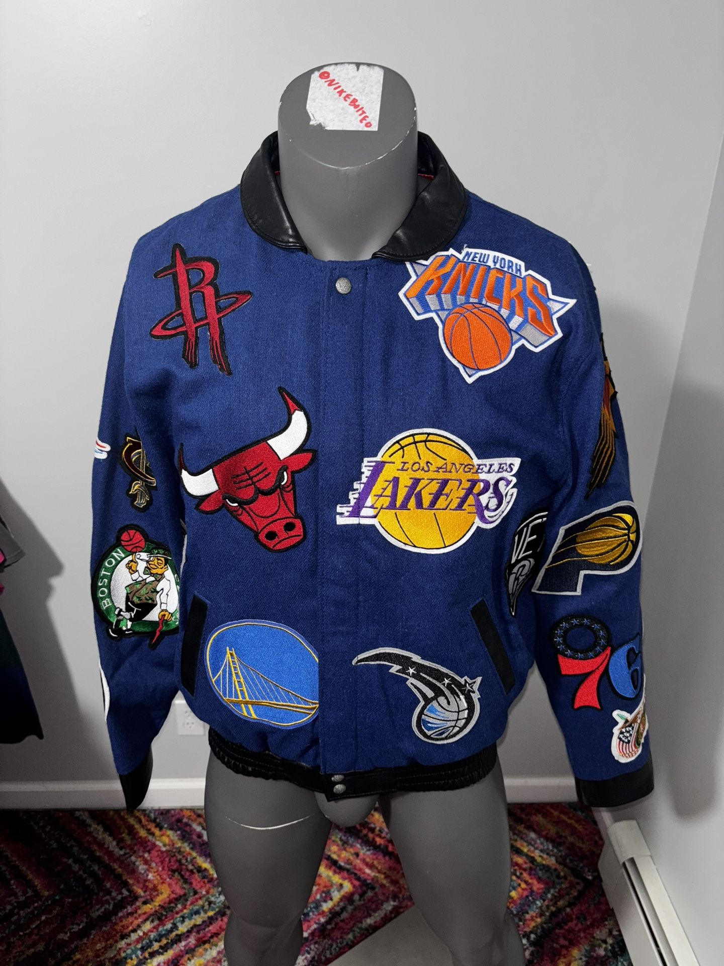 Jeff Hamilton Men Large NBA Team Logo Patch Wool Leather Jacket NAVY Denim NWOT