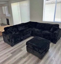 NEW BLACK THICK FLUFFY CORDUROY SECTIONAL SOFA COUCH WITH OTTOMAN