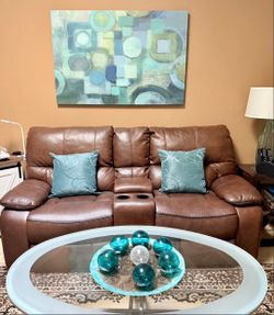 Two 72″ Chocolate Brown Power Theatre Recliners w/ Center Console