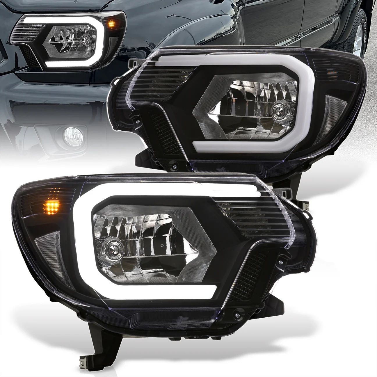 2012-2015 Toyota Tacoma LED DRL Bar Factory Style Headlights Black Housing Clear Len Clear Reflector LED DRL