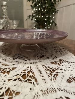 Large Cake stand with pedestal. Mauve with silver accents. 15.00