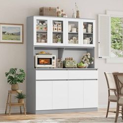 75" x 55" Kitchen Pantry Storage Cabinet with Glass Doors and Drawers, Wide China Cabinet Hutch with Microwave Stand Coffee Bar, Food Pantry with Hutc