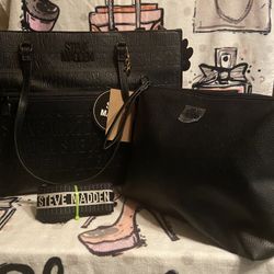  New. Original Steve Madden, , Black Leather Tote  bag 