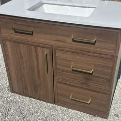 Hi everyone we this 36 brown vanity take look all pictures come wt countertop. you can hang is missing lags but you can hang it. Half price read retai