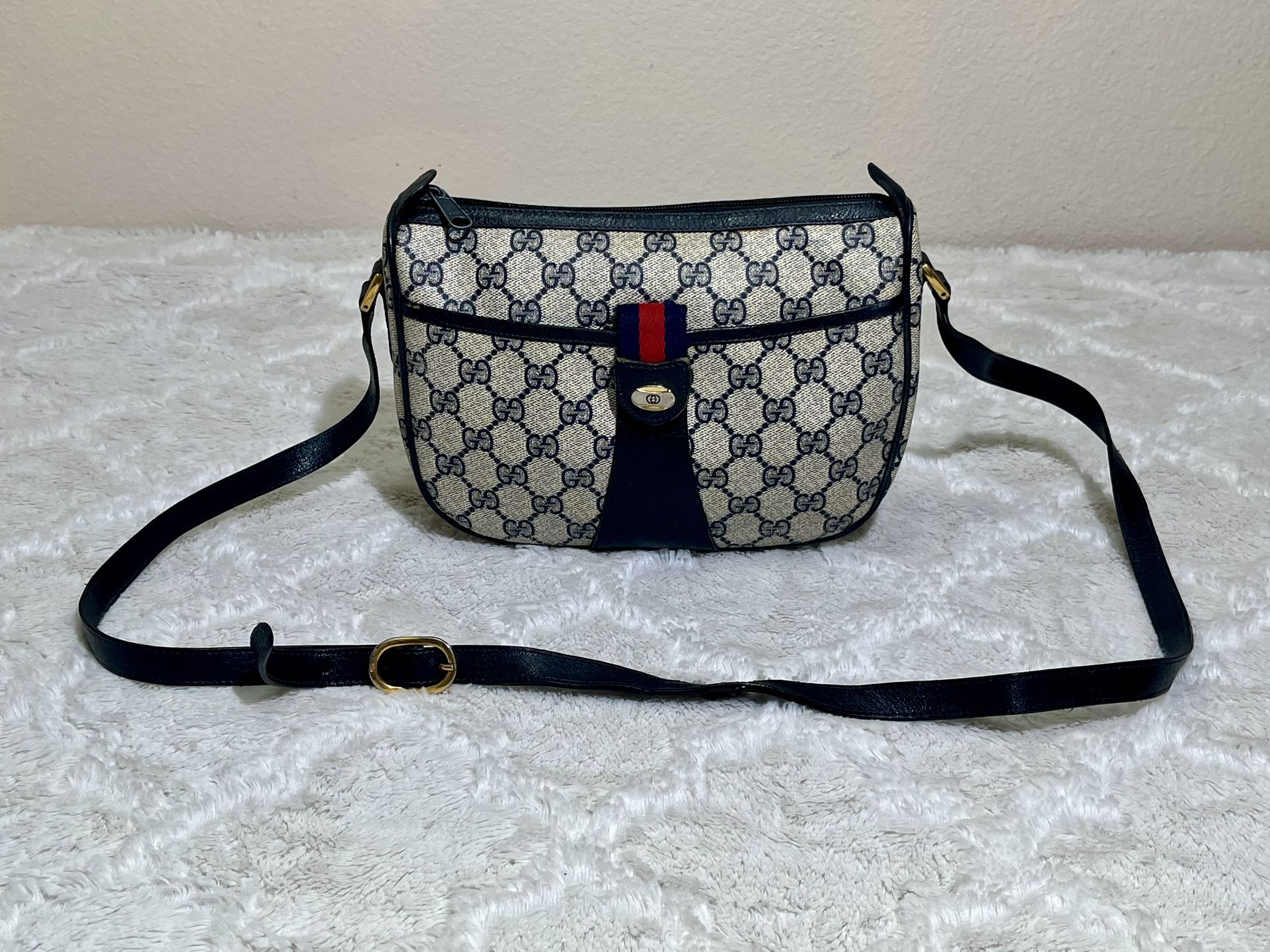 Gucci Vintage Supreme Sherry Line Leather Canvas Crossbody Shoulder Bag Blue