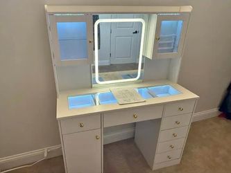 White LED Vanity Desk with Mirror & Storage - Brand New assembled