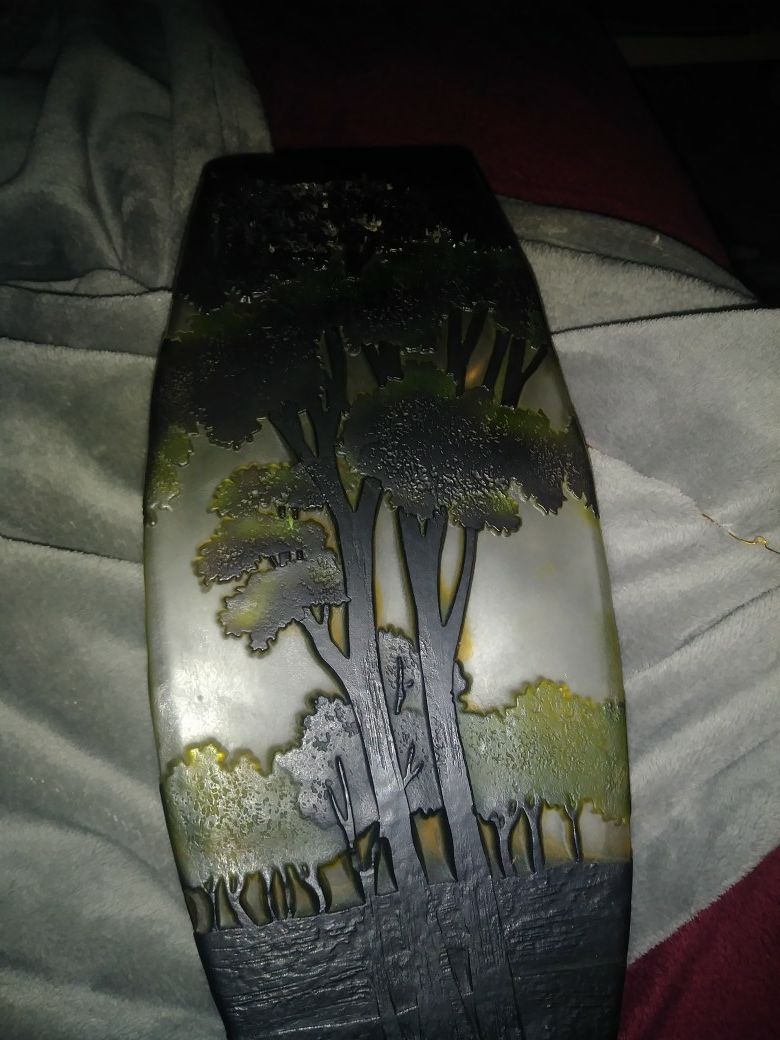 Tozai Galle Art Glass Landscape Tree satin etched vase green 10" relief forest