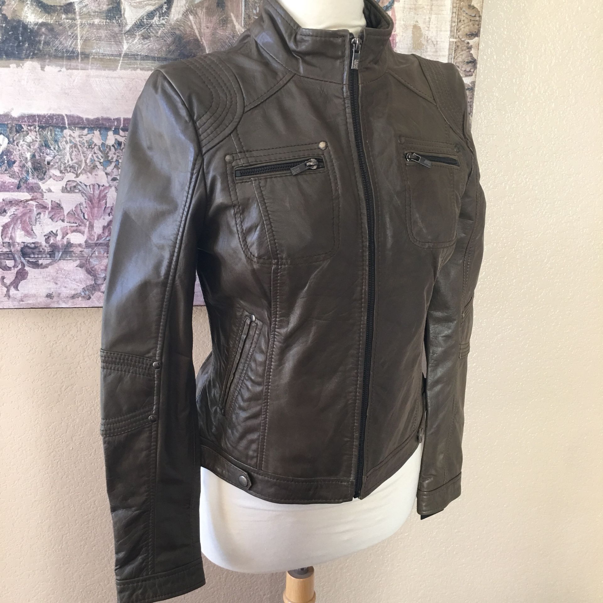 “Black Rivet” Genuine Leather Jacket In Olive, Size M, sold at Wilson Leather