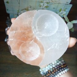 Yin Yang Satin Spar Selenite &  Peach Selenite Tea Light Holder From Morocco 