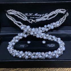 NEW RH Macy Gray Pearl And Silver Wrapped Necklace 16.5in With Silver Stud Earrings