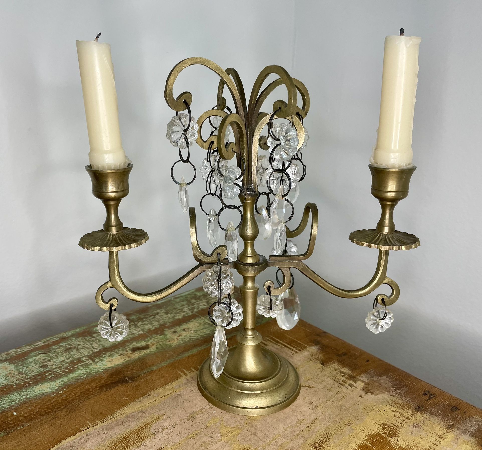 Brass Candelabra with Crystal Accents