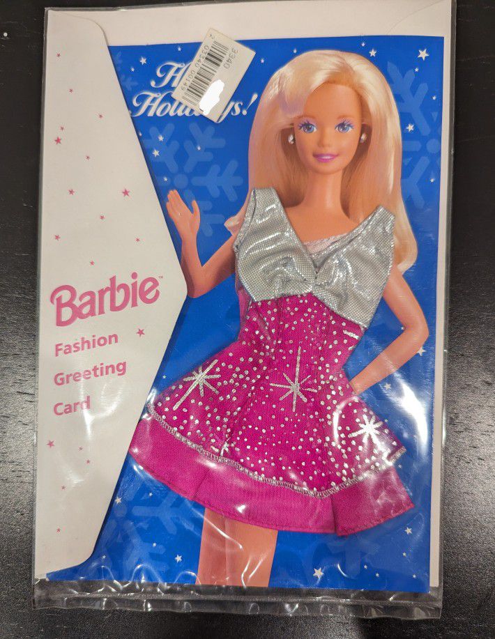 Barbie Fashion Greeting Card - Happy Holidays! Silver & Pink Metallic Dress 1995 New Vintage