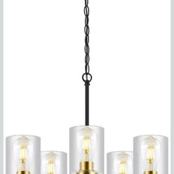 9MMML 5 Lights Glass Chandelier,Modern Kitchen Island Lighting Black and Gold Metal Dining Room Light Fixture for Living Room Foyer,E26