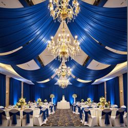 PartyVillage 4 Panels 5ftx30ft Royal Blue Ceiling Drapes For Wedding Parties – 30 FT Extra Long Thick Polyester Wrinkle-Free Drapery Tent Decor Decora