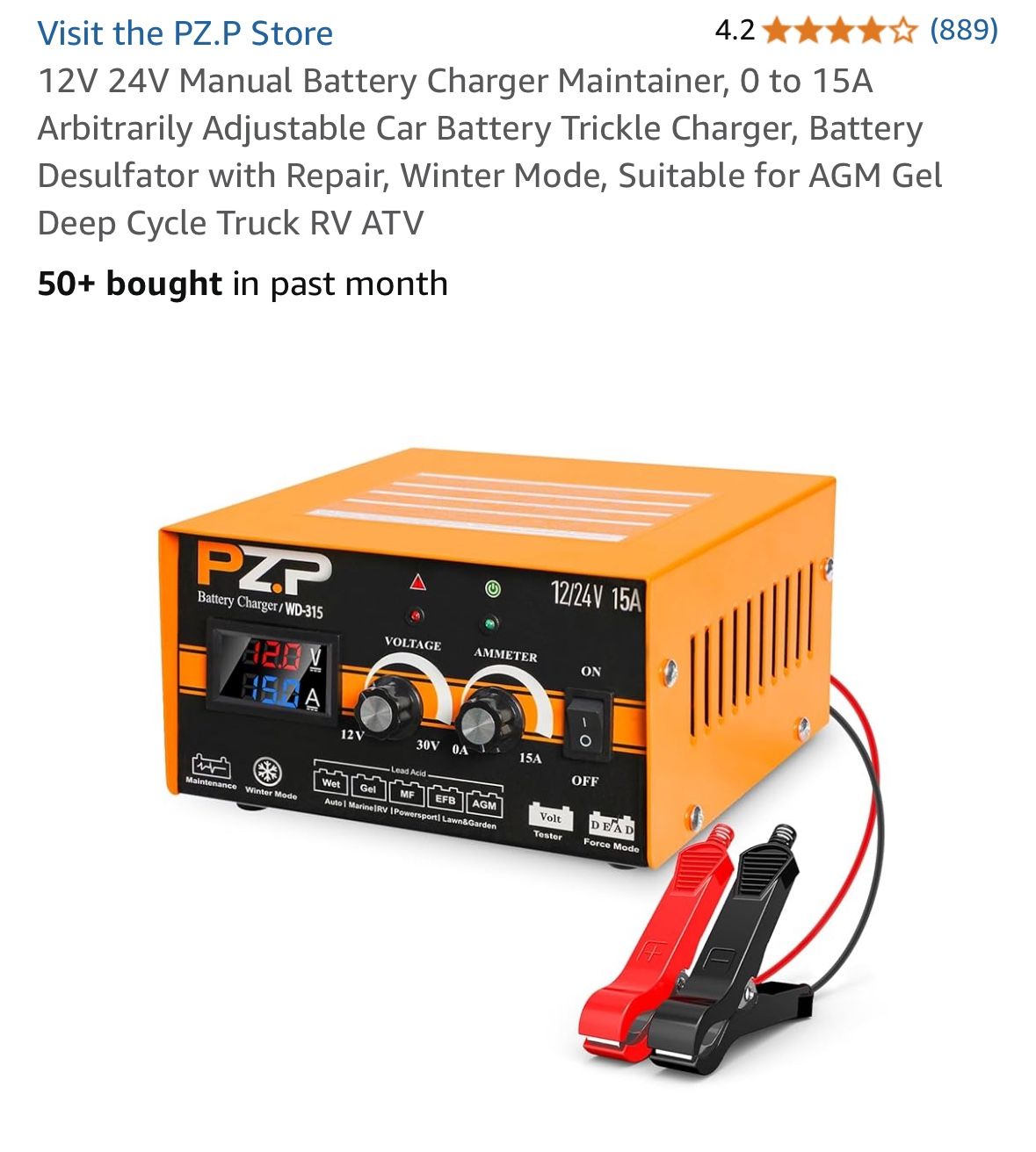 12V 24V Manual Battery Charger Maintainer, 0 to 15A Arbitrarily Adjustable Car Battery Trickle Charger, Battery Desulfator with Repair, Winter Mode, S