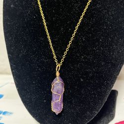 Wire Wrapped Amethyst Crystal Pendant Necklace 