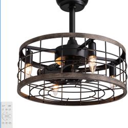 Brand New 18" Fandelier Ceiling Fans with Lights and Remote, Farmhouse Black Caged Ceiling Fan with Light for Kitchen, Bedroom, 6 Speeds