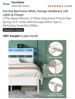 White Bed Frame  full size , Storage Headboard, LED Lights & Charger