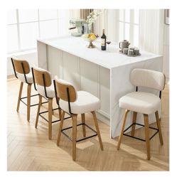 Swivel Bar Stools Set of 4, 26" Upholstered Counter Height Bar Stools with Back and Oak Wood Legs, Linen Fabric Upholstered Barstools (Build)(Firmpric