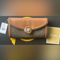 Michael Kors Fulton Continental Wallet Brown Monogram Flap Clutch NEW with tags