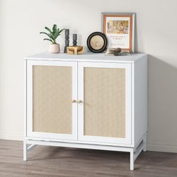 32" White 2-Door Rattan Sideboard / Storage Cabinet w/ Adjustable Shelves [NEW] **Retails for $300  <Assembly Req>