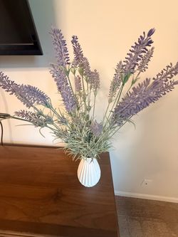 Faux Lavender Arrangement in White Vase