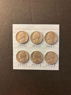 Coins – Jefferson Nickels -low mintage – all San Francisco – 1939S/47S/48S/49S/51S/52S - nice coins - Total 6 Coins