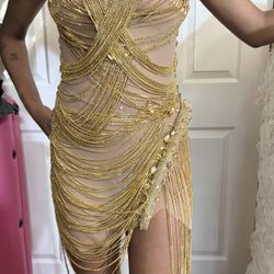 Gold Sequined Mesh Dress