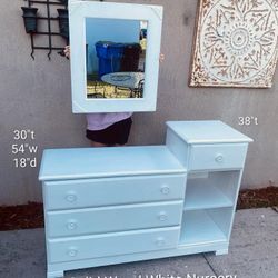 Solid Wood White Nursery Dresser w/ Wall Mirror 