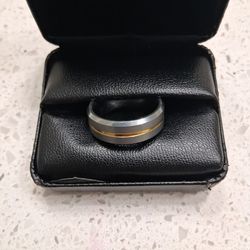 Tungsten Men Satin  Wedding Band With Gold IP Groove