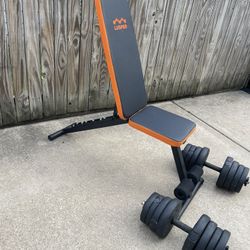 Bench and adjustable dumbells. 35lbs each set, 70lbs total