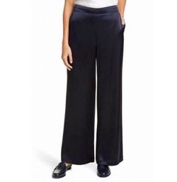 Lafayette 148 New York Silk Elastic Women's Dark Navy Wide Leg Silk Dress Pants