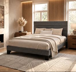 Queen Size Bed Frame, Platform Bed with Fabric Upholstered Headboard, No Box Spring Needed