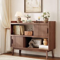 44" Sideboard Buffet Cabinet with Outlet & 2 Open Storage Spaces, Fluted Sideboard Cabinet with Sliding Door & Adjustable Shelves, Mid-Century Accent