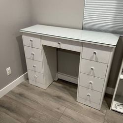 White Vanity Desk w/ Glass top/ Crystal Nobs