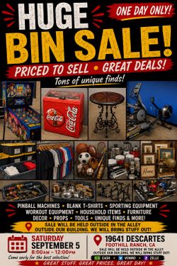 BIN SALE — Saturday Sept 5 lots more items available” in the description.