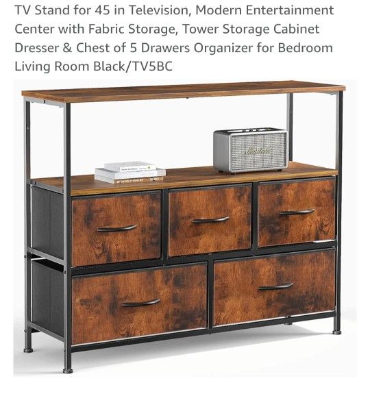 New Open Box. Modern Entertainment Center with Fabric Storage, Tower Storage Cabinet Dresser & Chest of 5 Drawers Organizer