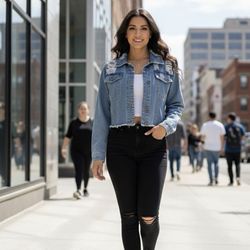 Trendy Cropped Blue Denim Jacket with Distressed Details