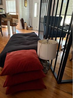 Full bed frame, futon mattress, throw pillows, lamp