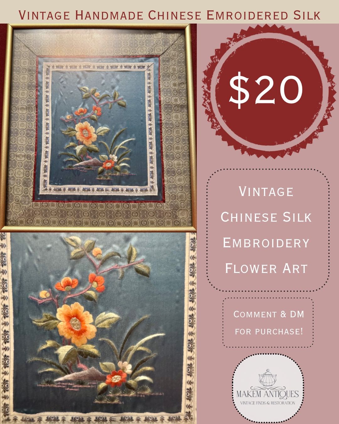 Vintage Handmade Chinese Embroidered Silk Framed