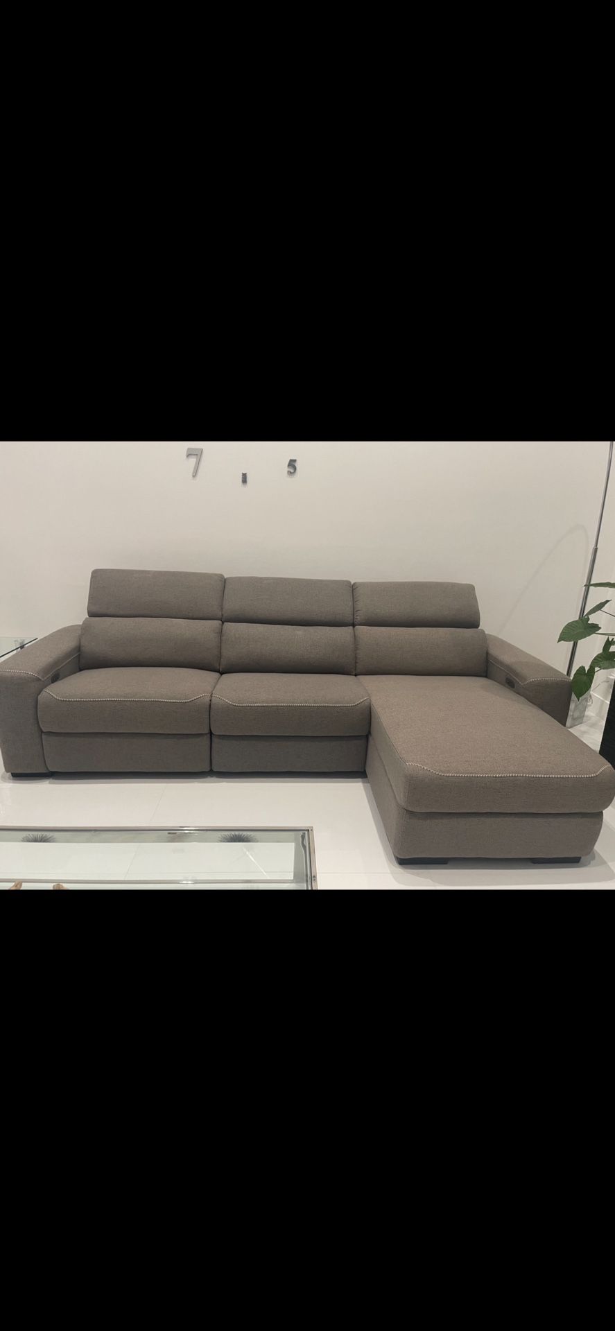 New !!! Fabric Sectional Sofa, 3 Piece, Grey, Recliner With Adjustable Headrest Chaise!!! Never used, Was $2,300 From City Furniture 